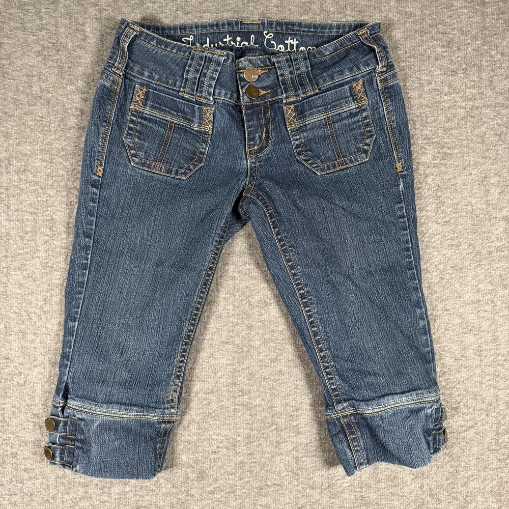 Industrial Cotton Juniors 7 Low Rise Denim Capris Jeans Button Cuffed Y2K Cyber